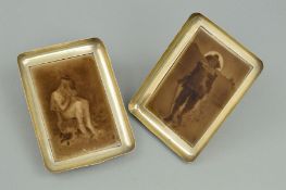 A PAIR OF GEORGE V ASPREY SILVER RECTANGULAR FRAMED CERAMIC PLAQUES, the sepia glazed Sherwin &