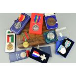 A WOODEN BOX CONTAINING A NUMBER OF BOXED MEDALS, etc, as follows, Fire Brigade LSGC named Stephen J