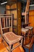 AN OAK BOBBIN TURNED CANE SEATED CHAIR, two stools and an open bookcase (4)