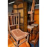 AN OAK BOBBIN TURNED CANE SEATED CHAIR, two stools and an open bookcase (4)