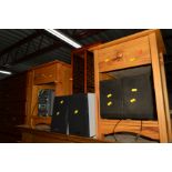 A PAIR OF PINE BEDSIDE CABINETS, a pine cd cabinet and a component hi fi with four speakers (8)