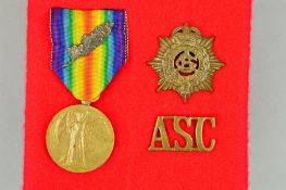 A WWI VICTORY MEDAL, with mentioned in Dispatches oak leaf, cap badge and ASC collar dogs named to