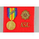 A WWI VICTORY MEDAL, with mentioned in Dispatches oak leaf, cap badge and ASC collar dogs named to