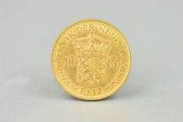 A GOLD TEN GULDEN WILHELMINA 1912, .900, fine, approximately 6.7 grams