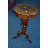 A VICTORIAN WALNUT AND MARGUETRY INLAID TRUMPET SEWING TABLE, with contents, approximate width