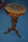 A VICTORIAN WALNUT AND MARGUETRY INLAID TRUMPET SEWING TABLE, with contents, approximate width