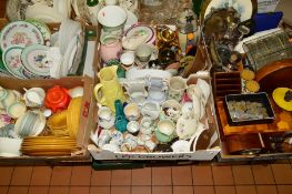 SIX BOXES AND LOOSE CERAMICS, METALWARE, CLOCK, COINS, etc, to include Royal Doulton, Royal