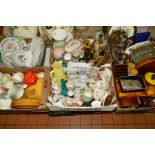 SIX BOXES AND LOOSE CERAMICS, METALWARE, CLOCK, COINS, etc, to include Royal Doulton, Royal