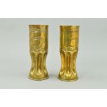 TWO MATCHING WWI TRENCH ART SHELLS, fashioned into flute vases, ornate design on both 'Souvenir Le