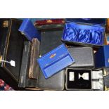 A BOX OF EMPTY CASES FOR SILVER SPOONS, christening and dressing table sets, etc
