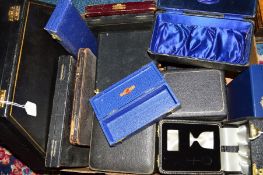 A BOX OF EMPTY CASES FOR SILVER SPOONS, christening and dressing table sets, etc