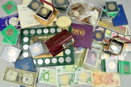 A BOX CONTAINING COINS AND COMMEMORATIVES, YEAR SETS, BANKNOTES, etc