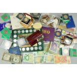 A BOX CONTAINING COINS AND COMMEMORATIVES, YEAR SETS, BANKNOTES, etc