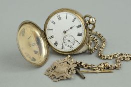 A SILVER FULL HUNTER POCKET WATCH, on a silver chain and fob
