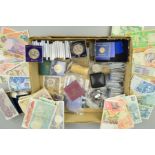 A BOX OF COINS AND COMMEMORATIVES, to include two crowns, 1896, 1900, an enamelled 1820 crown on the