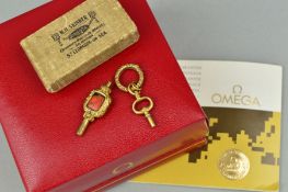 TWO 19TH CENTURY GOLD PLATED WATCH KEYS, together with an Omega wrist watch box (3)