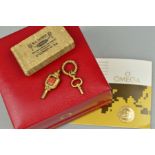 TWO 19TH CENTURY GOLD PLATED WATCH KEYS, together with an Omega wrist watch box (3)