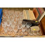 A BOX OF SUNDRIES AND GLASSWARES, to include various cigarette card albums (loose and stuck in), two