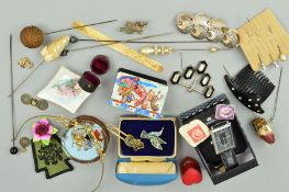 A SMALL SELECTION OF ITEMS to include a Mary Quant black hair comb, a selection of hatpins including