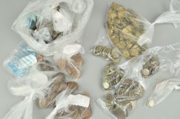 TWO BAGS OF UK COINAGE, from copper to halfcrowns with amounts of silver coins