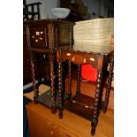 AN EARLY 20TH CENTURY OAK BARLEY TWIST PLANT STAND, together with a occasional table (2)