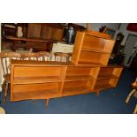 A LONG NARROW BESPOKE MADE GOLDEN OAK OPEN BOOKCASE, width 281cm, together with another similar