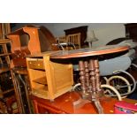 AN OAK CIRCULAR OCCASIONAL TABLE, an oak coffee table, teak magazine rack, occasional unit on wheels