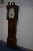 A GEORGE III OAK, MAHOGANY AND MARGUETRY INLAID EIGHT DAY LONGCASE CLOCK, the painted dial with