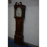 A GEORGE III OAK, MAHOGANY AND MARGUETRY INLAID EIGHT DAY LONGCASE CLOCK, the painted dial with