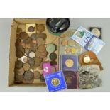 A BOX LID OF MIXED COINS, to include a five pound Clydesdale Polymer banknote, Festival 1951 crown