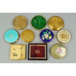 A SELECTION OF NINE COMPACTS to include a Stratton green marble effect compact, a circular Elizabeth