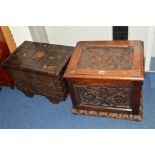 A SMALL GEORGIAN CARVED OAK COFFER together with a hardwood and metal branded continental chest (2)