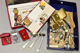 A SMALL BOX OF JEWELLERY, CUTLERY AND WATCHES, to include a late Victorian oval gold plated locket