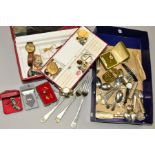 A SMALL BOX OF JEWELLERY, CUTLERY AND WATCHES, to include a late Victorian oval gold plated locket