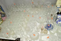 A LARGE COLLECTION OF CUT GLASS ETC, to include drinking glasses, vases and trinkets