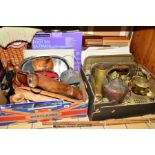 THREE BOXES AND LOOSE SUNDRY ITEMS, to include a box of brass and copper, wooden animal ornaments,