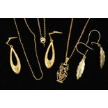 FOUR ITEMS OF JEWELLERY, to include a pair of leaf drop earrings, a pair of pear shape drop