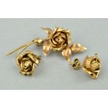 A LATE 20TH CENTURY 9CT ROSE BROOCH AND EARRING MATCHING SET, brooch measuring approximately 44mm in
