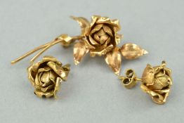 A LATE 20TH CENTURY 9CT ROSE BROOCH AND EARRING MATCHING SET, brooch measuring approximately 44mm in