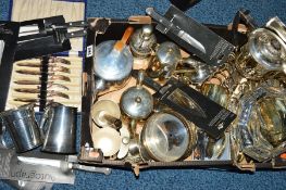 A BOX OF SILVER PLATE, etc including Marks & Spencer knives in original packaging, modern pewter