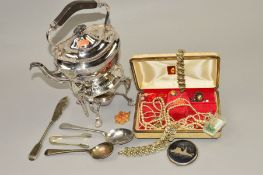 A SELECTION OF COSTUME JEWELLERY AND PLATED WARE, to include an EPNS teapot with stand and warmer,