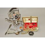 A SELECTION OF COSTUME JEWELLERY AND PLATED WARE, to include an EPNS teapot with stand and warmer,