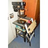 A CHALLENGE MPD6488 PILLAR DRILL, together with a Clarke woodworker 10' table saw and workmate (3)