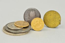 A GOLD HALF SOVEREIGN, a holed cornet head gold $5 coin 1880, two Victoria crowns 1845, 1895, etc