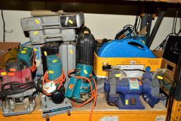 A COLLECTION OF BOXED ELECTRIC HAND TOOLS to include routers, bench sander, drills, jigsaws etc (