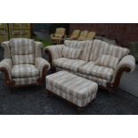 A REPRODUCTION CHERRYWOOD THREE PIECE LOUNGE SUITE with stripped upholstery, comprising of a two