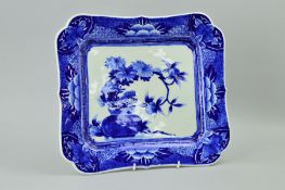 A BLUE AND WHITE JAPANESE RECTANGULAR PLATE, painted blue marks to base, approximate length 34.5cm