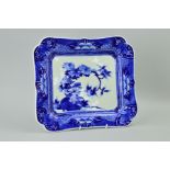 A BLUE AND WHITE JAPANESE RECTANGULAR PLATE, painted blue marks to base, approximate length 34.5cm