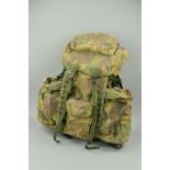 A CURRENT BRITISH ARMY ISSUE 'BERGEN' BACK PACK, in regulation camo, all complete and marked in