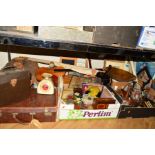 FOUR BOXES AND LOOSE SUNDRY ITEMS, to include suitcase, large holdall, tins, pictures, violin (no